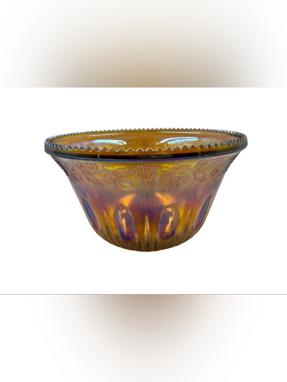 ​Vintage Marigold Carnival Glass Grape & Leaf Large Bowl 12"